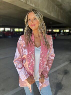 Queen Bee Satin and Sequin Blazer in Baby Pink